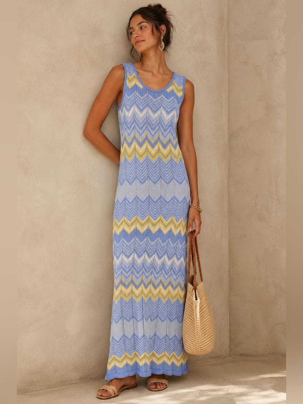 Burgess Chevron Knit Maxi Dress NWT Blueberry Blue Size Large